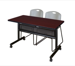 48" x 24" Flip Top Mobile Training Table with Modesty Panel - Mahogany and 2 Zeng Stack Chairs - Grey