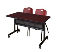 48" x 24" Flip Top Mobile Training Table with Modesty Panel - Mahogany and 2 "M" Stack Chairs - Burgundy
