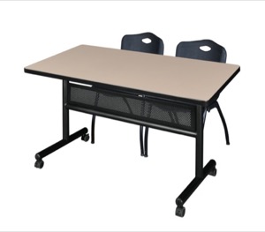 48" x 30" Flip Top Mobile Training Table with Modesty Panel - Beige and 2 "M" Stack Chairs - Black