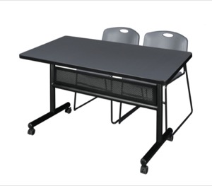 48" x 30" Flip Top Mobile Training Table with Modesty Panel - Grey and 2 Zeng Stack Chairs - Grey