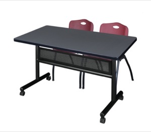 48" x 30" Flip Top Mobile Training Table with Modesty Panel - Grey and 2 "M" Stack Chairs - Burgundy