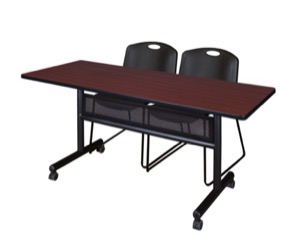 60" x 24" Flip Top Mobile Training Table with Modesty Panel - Mahogany and 2 Zeng Stack Chairs - Black