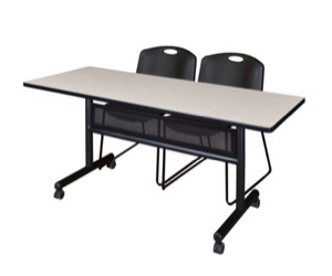 60" x 24" Flip Top Mobile Training Table with Modesty Panel - Maple and 2 Zeng Stack Chairs - Black