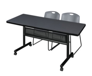 60" x 30" Flip Top Mobile Training Table with Modesty Panel - Grey and 2 Zeng Stack Chairs - Grey