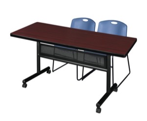 60" x 30" Flip Top Mobile Training Table with Modesty Panel - Mahogany and 2 Zeng Stack Chairs - Blue
