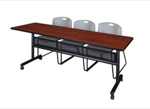 84" x 24" Flip Top Mobile Training Table with Modesty Panel - Cherry and 3 Zeng Stack Chairs - Grey