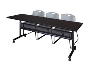 84" x 24" Flip Top Mobile Training Table with Modesty Panel - Mocha Walnut and 3 Zeng Stack Chairs - Grey
