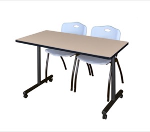 48" x 24" Kobe T-Base Mobile Training Table - Beige & 2 'M' Stack Chairs - Grey