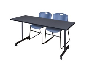 60" x 24" Kobe T-Base Mobile Training Table - Grey & 2 Zeng Stack Chairs - Blue