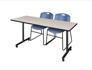 60" x 24" Kobe T-Base Mobile Training Table - Maple & 2 Zeng Stack Chairs - Blue