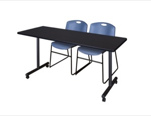 66" x 24" Kobe T-Base Mobile Training Table - Mocha Walnut & 2 Zeng Stack Chairs - Blue