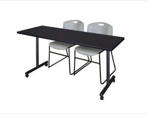66" x 24" Kobe T-Base Mobile Training Table - Mocha Walnut & 2 Zeng Stack Chairs - Grey