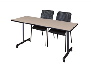 72" x 24" Kobe T-Base Mobile Training Table - Beige & 2 Mario Stack Chairs - Black