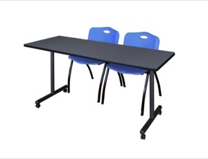 72" x 24" Kobe T-Base Mobile Training Table - Grey & 2 'M' Stack Chairs - Blue