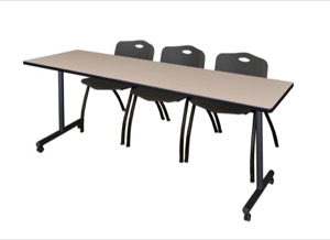 84" x 24" Kobe T-Base Mobile Training Table - Beige & 3 'M' Stack Chairs - Black