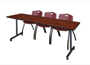 84" x 24" Kobe T-Base Mobile Training Table - Cherry & 3 'M' Stack Chairs - Burgundy
