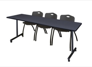 84" x 24" Kobe T-Base Mobile Training Table - Grey & 3 'M' Stack Chairs - Black