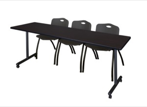 84" x 24" Kobe T-Base Mobile Training Table - Mocha Walnut & 3 'M' Stack Chairs - Black