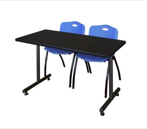 48" x 24" Kobe Training Table - Mocha Walnut & 2 'M' Stack Chairs - Blue