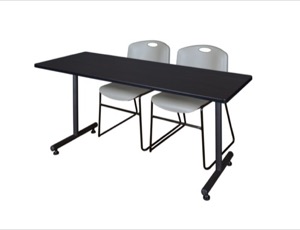 60" x 30" Kobe Training Table - Mocha Walnut and 2 Zeng Stack Chairs - Grey