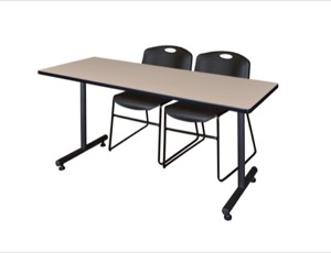 66" x 30" Kobe Training Table - Beige and 2 Zeng Stack Chairs - Black