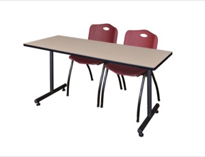 66" x 30" Kobe Training Table - Beige and 2 "M" Stack Chairs - Burgundy
