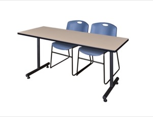 72" x 24" Kobe Training Table - Beige & 2 Zeng Stack Chairs - Blue