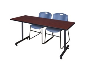 72" x 30" Kobe Training Table - Mahogany and 2 Zeng Stack Chairs - Blue