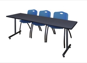 84" x 24" Kobe Training Table - Grey & 3 'M' Stack Chairs - Blue