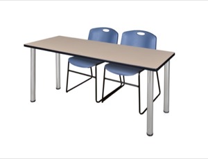 60" x 24" Kee Training Table - Beige/ Chrome & 2 Zeng Stack Chairs - Blue
