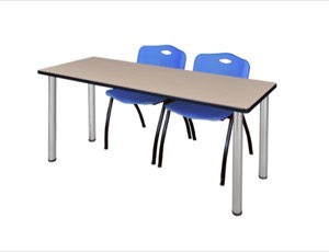 60" x 24" Kee Training Table - Beige/ Chrome & 2 'M' Stack Chairs - Blue