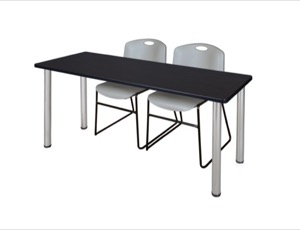 60" x 24" Kee Training Table - Mocha Walnut/ Chrome & 2 Zeng Stack Chairs - Grey
