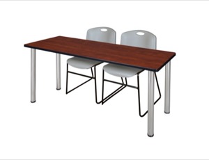 66" x 24" Kee Training Table - Cherry/ Chrome & 2 Zeng Stack Chairs - Grey
