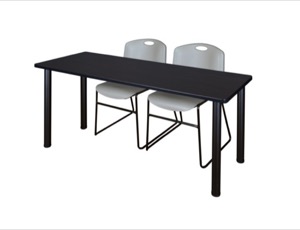 72" x 24" Kee Training Table - Mocha Walnut/ Black & 2 Zeng Stack Chairs - Grey