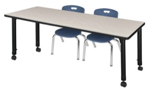 Kee 72" x 24" Height Adjustable Mobile Classroom Table  - Maple & 2 Andy 12-in Stack Chairs - Navy Blue