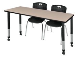Kee 72" x 30" Height Adjustable Mobile Classroom Table  - Beige & 2 Andy 18-in Stack Chairs - Black