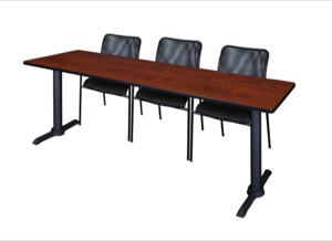 Cain 84" x 24" Training Table - Cherry & 3 Mario Stack Chairs - Black