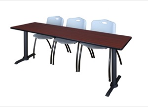 Cain 84" x 24" Training Table - Mahogany & 3 'M' Stack Chairs - Grey