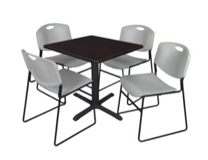 Cain 30" Square Breakroom Table - Mocha Walnut & 4 Zeng Stack Chairs - Grey