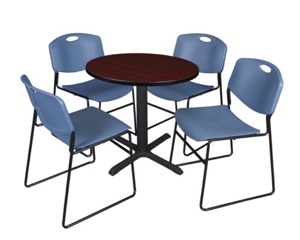 Cain 30" Round Breakroom Table - Mahogany & 4 Zeng Stack Chairs - Blue