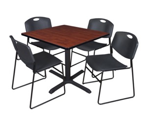 Cain 36" Square Breakroom Table - Cherry & 4 Zeng Stack Chairs - Black
