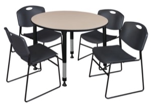 Kee 48" Round Height Adjustable Classroom Table  - Beige & 4 Zeng Stack Chairs - Black 