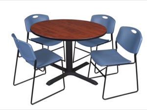 Cain 48" Round Breakroom Table - Cherry & 4 Zeng Stack Chairs - Blue