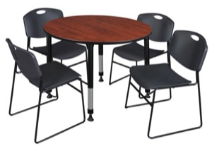 Kee 48" Round Height Adjustable Classroom Table  - Cherry & 4 Zeng Stack Chairs - Black 
