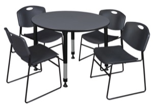 Kee 48" Round Height Adjustable Classroom Table  - Grey & 4 Zeng Stack Chairs - Black