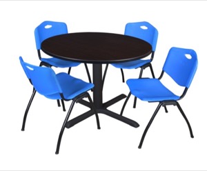 Cain 48" Round Breakroom Table - Mocha Walnut & 4 'M' Stack Chairs - Blue