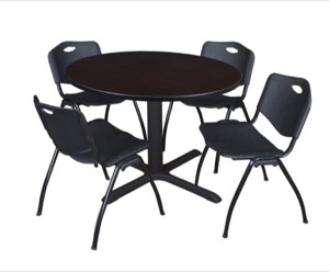 Cain 48" Round Breakroom Table - Mocha Walnut & 4 'M' Stack Chairs - Black