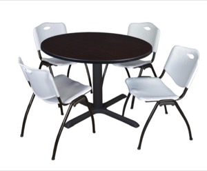 Cain 48" Round Breakroom Table - Mocha Walnut & 4 'M' Stack Chairs - Grey