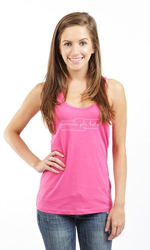 GAMMA PHI BETA CURLY TEXT RACERBACK TANK