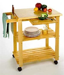 Beechwood Kitchen Cart with Cutting Board, Knife Block, and Shelves